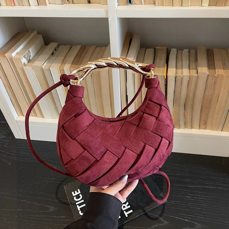 Wine Red Woven Half Moon Crossbody Bag
