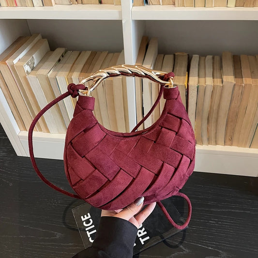 Wine Red Woven Half Moon Crossbody Bag