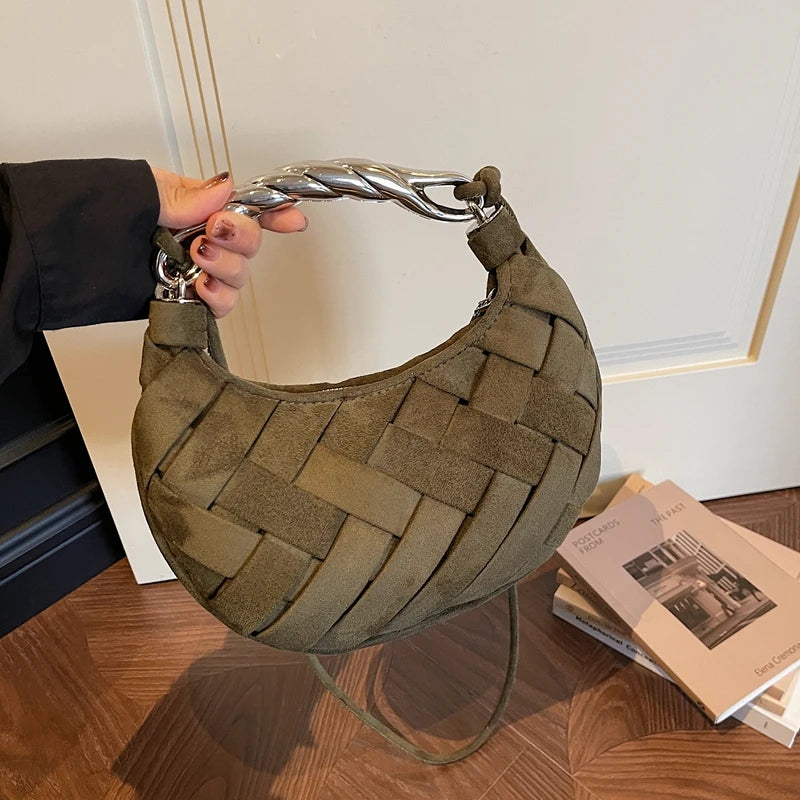 Wine Red Woven Half Moon Crossbody Bag