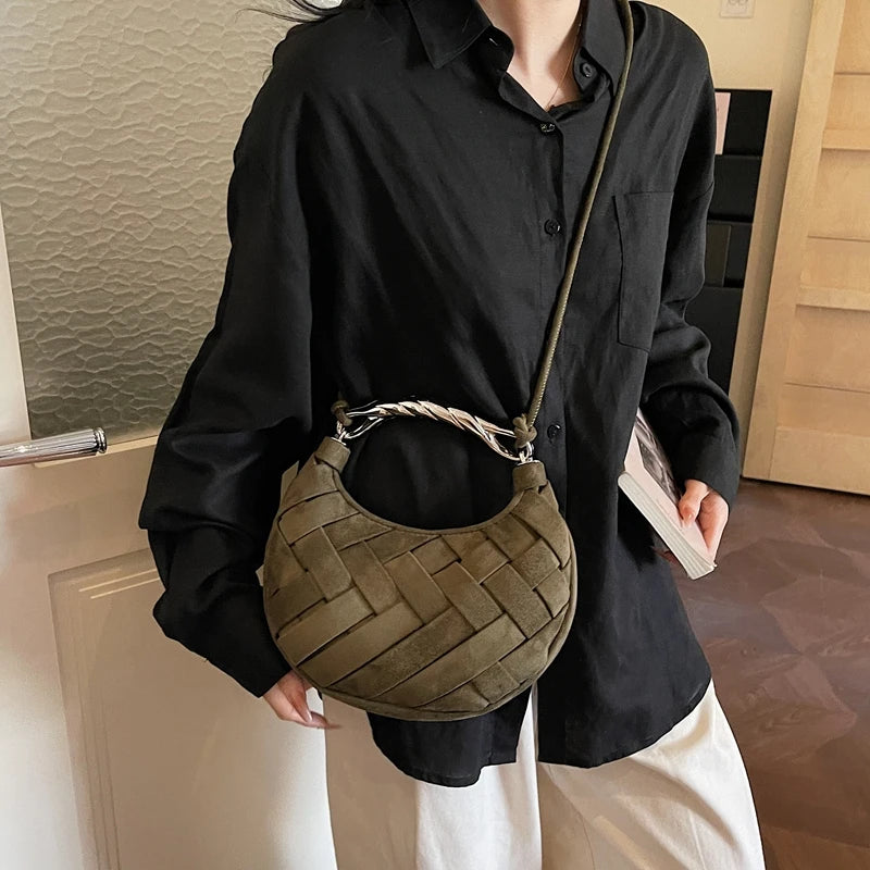 Wine Red Woven Half Moon Crossbody Bag
