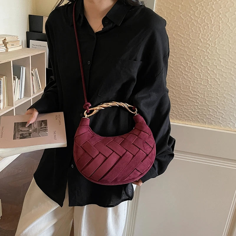 Wine Red Woven Half Moon Crossbody Bag