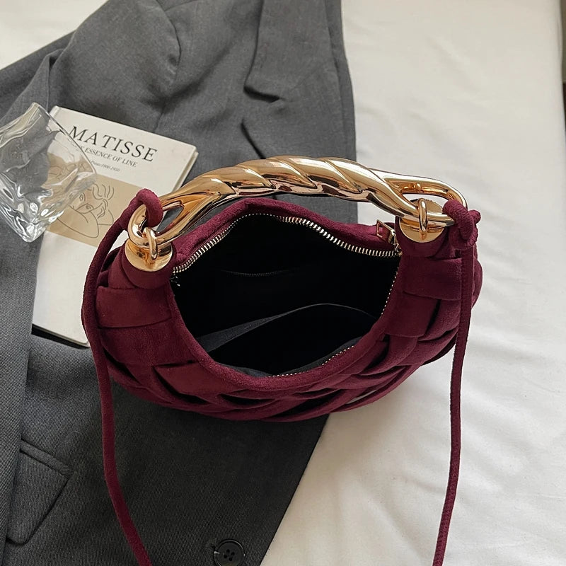 Wine Red Woven Half Moon Crossbody Bag